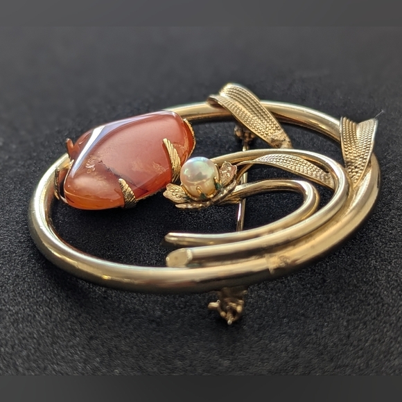 Vintage Artisan Freeform Heart Carnelian & Cultured Pearl Brooch 1 7/8" Gold Ton - Picture 5 of 5